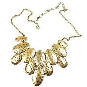 Gold Tone Hammered Oval Statement Bib Necklace Chunky Adjustable Chain Fashion J